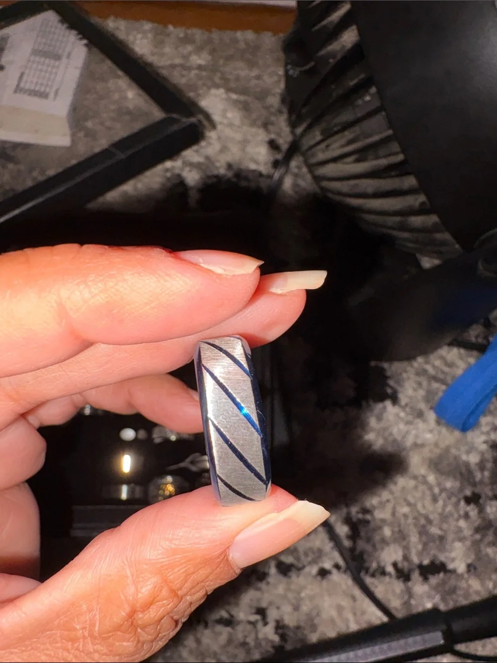 Brushed Silver Men's Ring with Blue Accent Stripe